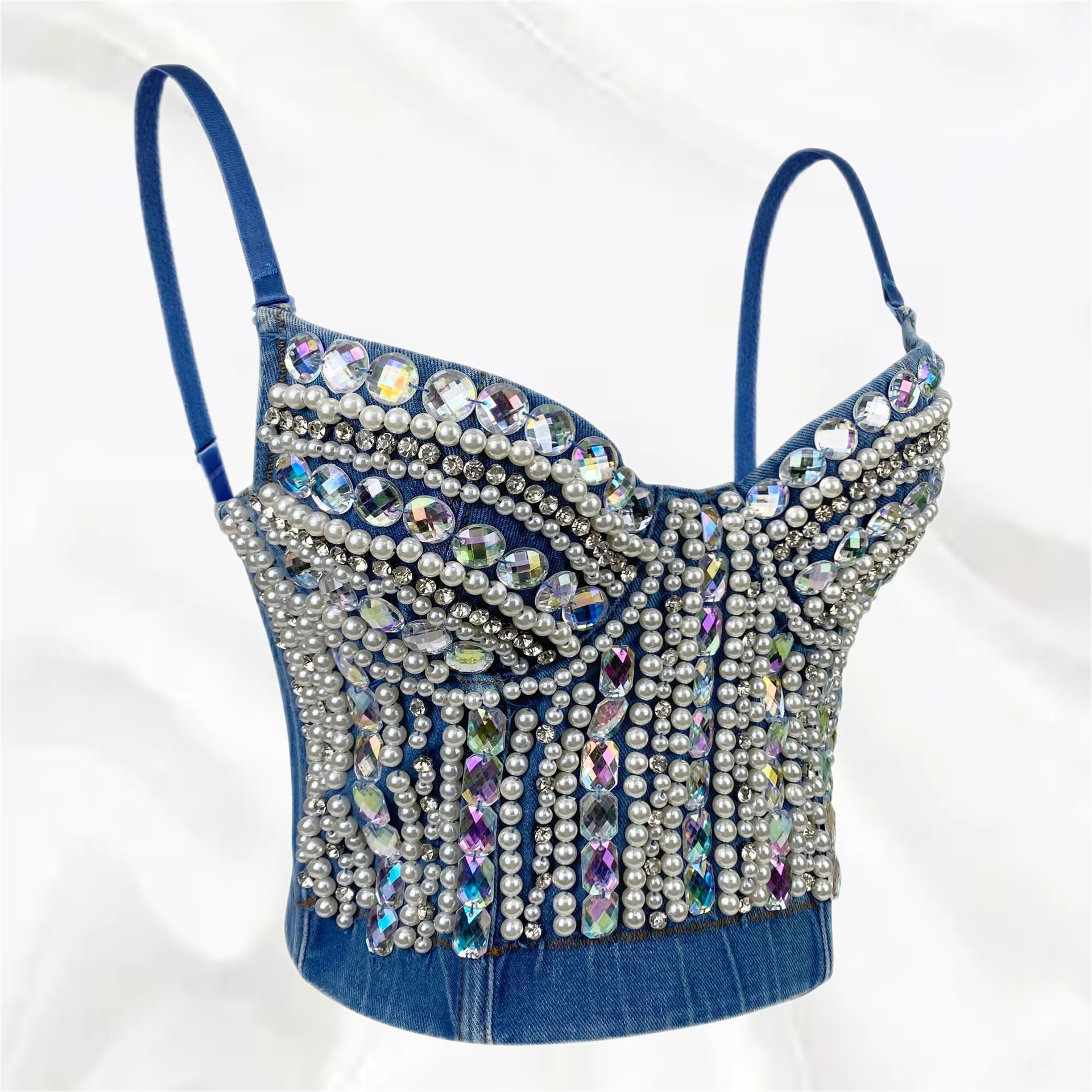 SXTHAENOO 2024 Women's Heavy Industry nailed beaded Diamond-Studded Sexy Crop Top Fashion Denim Sling Top Vset топ женский