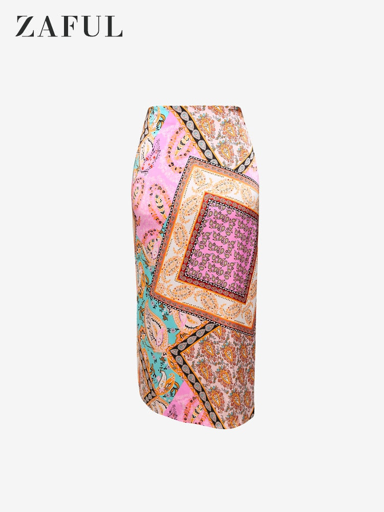 ZAFUL Bandana Paisley Print Tie Midi Sarong-style Skirt Zipper Fly for Women Daily Vacation ZF495489601
