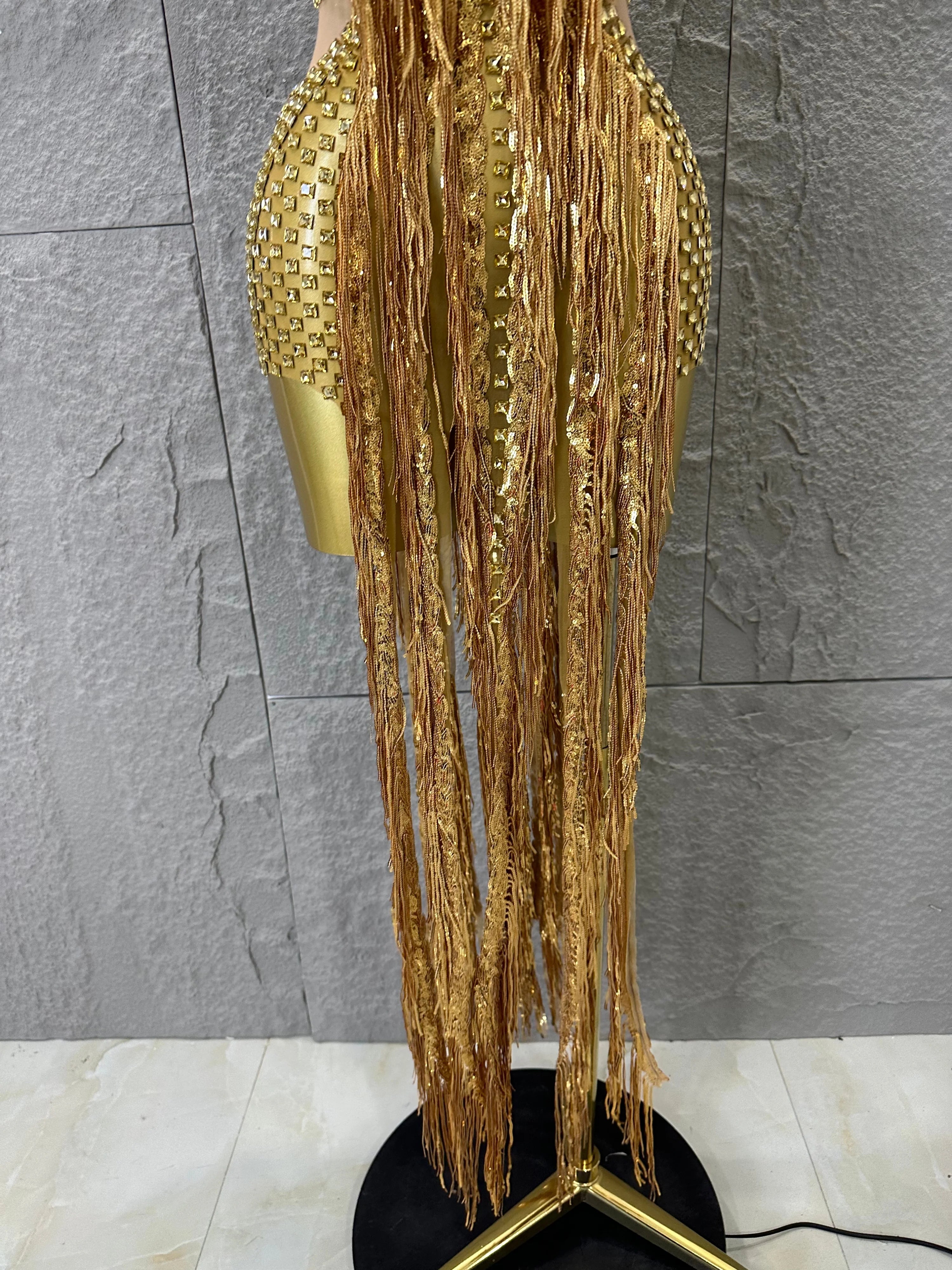 Opulent Gold Halter Neck Mini Dress Women Sexy Crystal Embellished Fringe Trim Form-Fitting Outfit Formal Event Party Costume