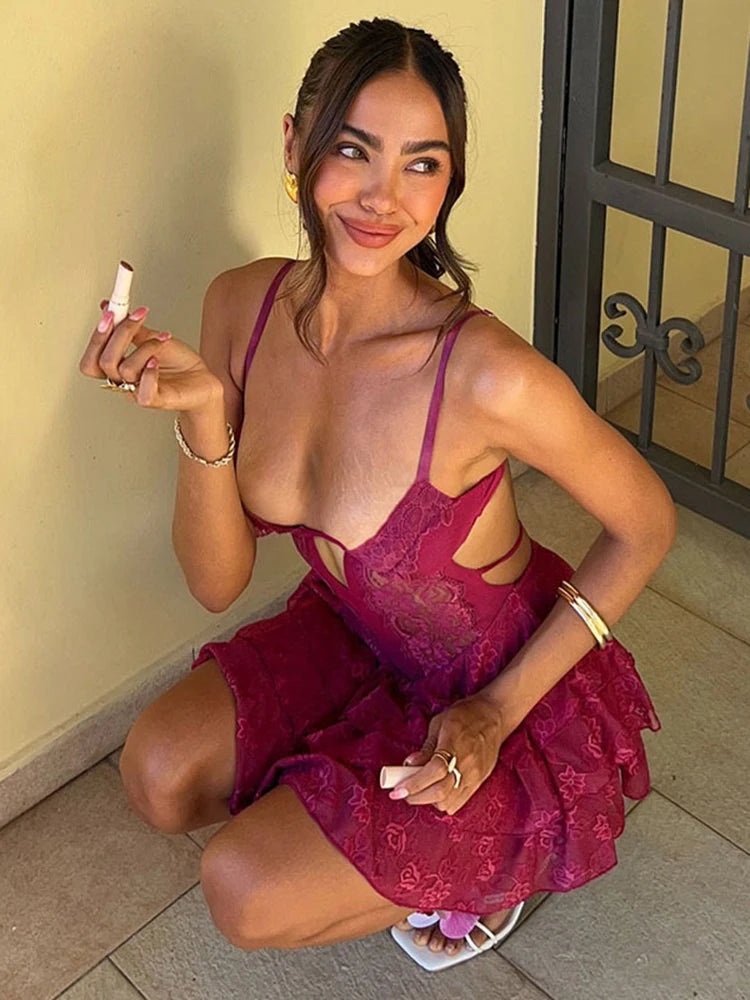 Mozision Lace Spaghetti Strap Sexy Mini Dress For Women Fashion Hollow Out Sleeveless Backless High Waist Ruffled Dress Elegant