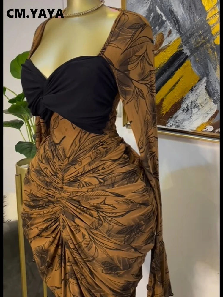 Women Leaf Printed Stacked Ruched Draped V-neck Maxi Long Bodycon Dress 2025 Holiday Birthday Club Party Evening Dresses