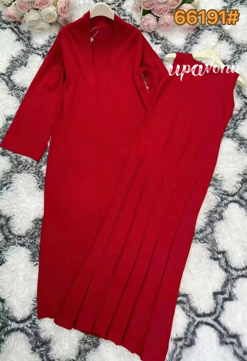 2024 Elegant Women'S Knitted Sweater Dresses Sets With Cardigan Long Jacket+Bodycon Pleated Long Knitted Dress Two-Piece Set Red