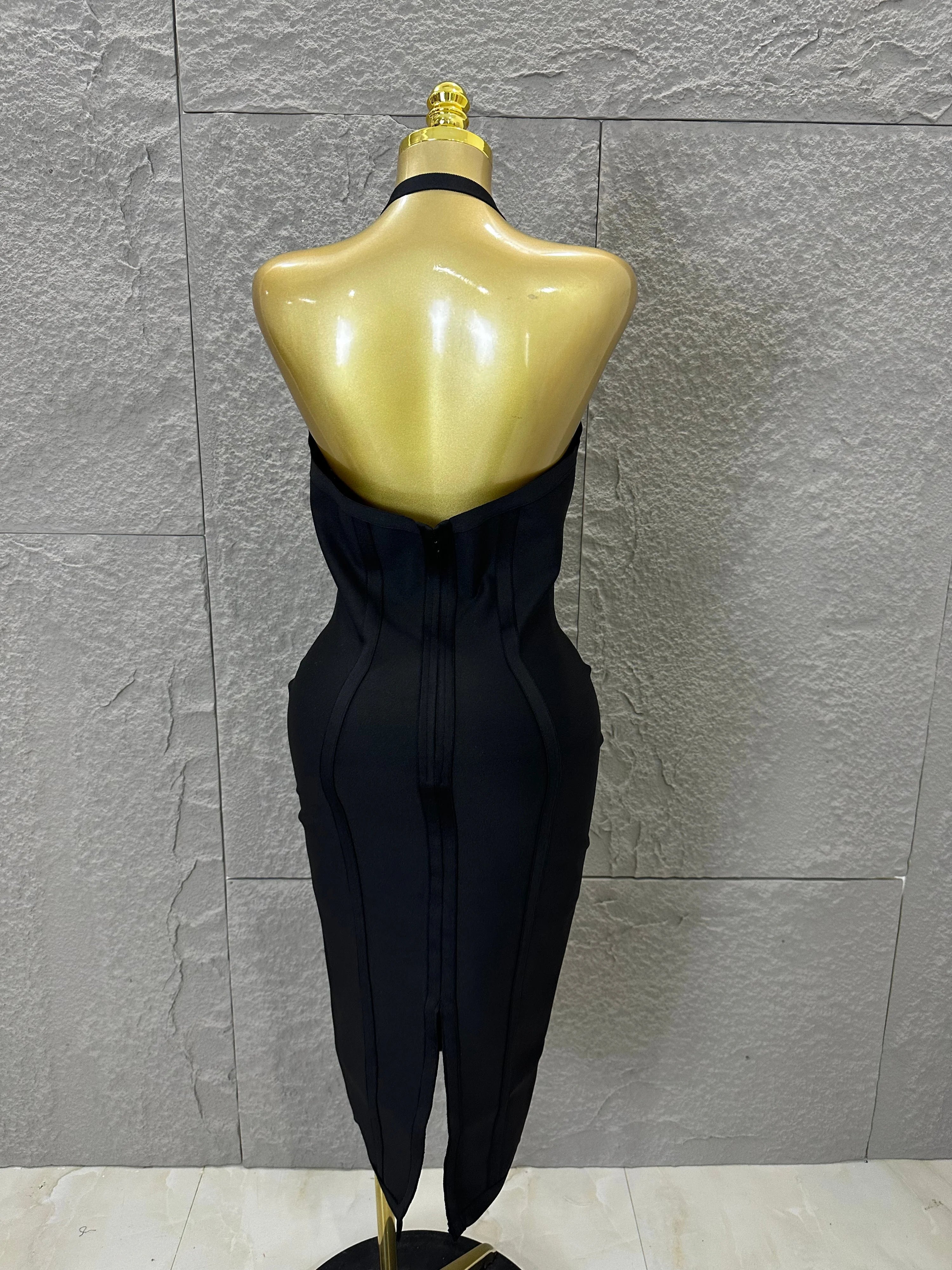 Elegant 2026 Brown Bandage Midi Dress Women Sexy Halter Neck Deep V Bodycon Evening Party Costume Cocktail Party Costume