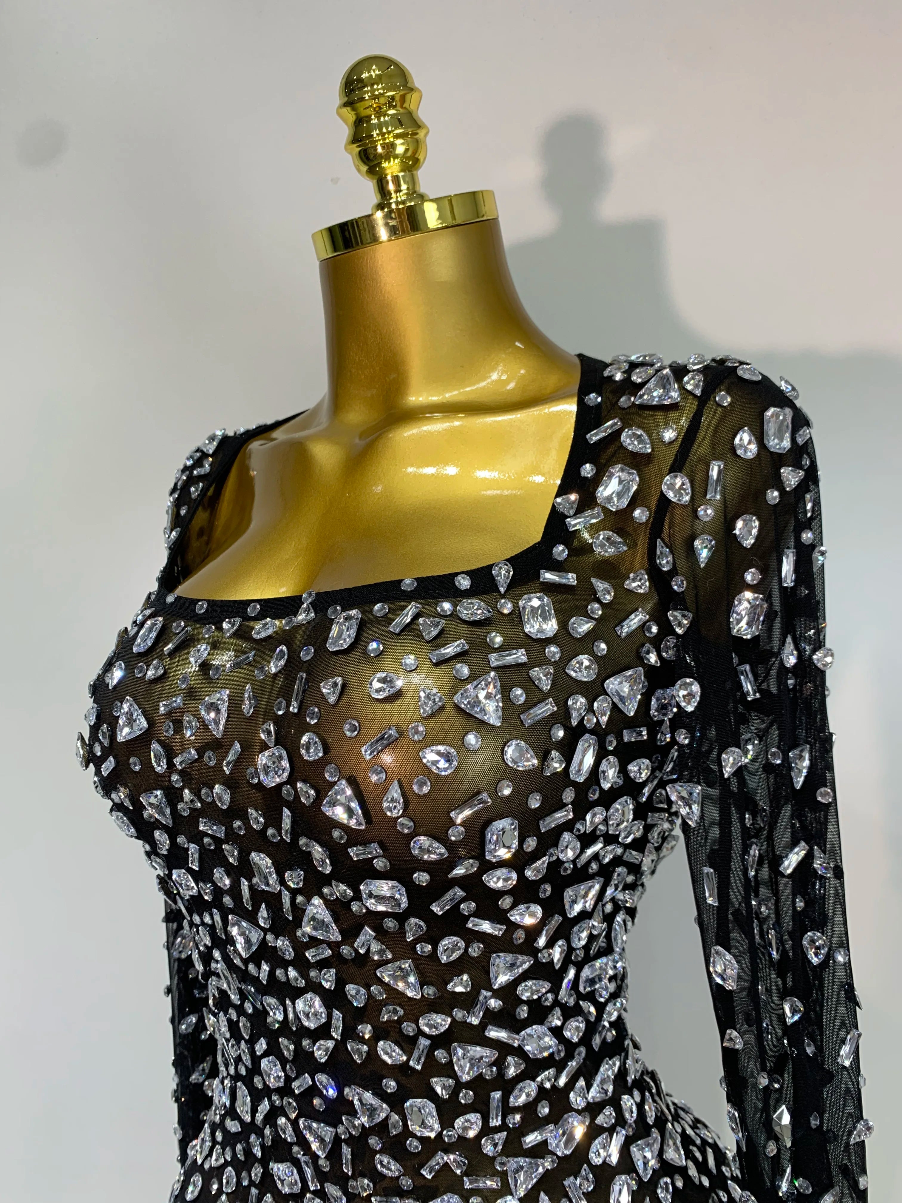 Sparkly Rhinestone Sexy Transparent Mini Dress Celebrity Evening Party Prom Birthday Photo Shoot Nightclub Stage Costume