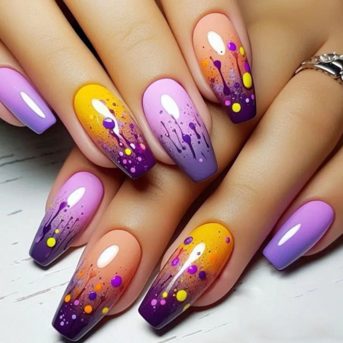 24pcs/set Medium long fake nails for women girls Y2K gradient purple blue yellow green square almond tips press on false nails 2689