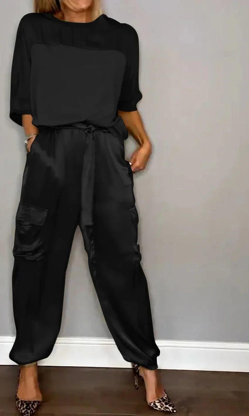 Summer Fashion Solid Satin Two Piece Set Women Round Neck Long Sleeved Top Long Pants Casual Loose Two Piece Set Women black