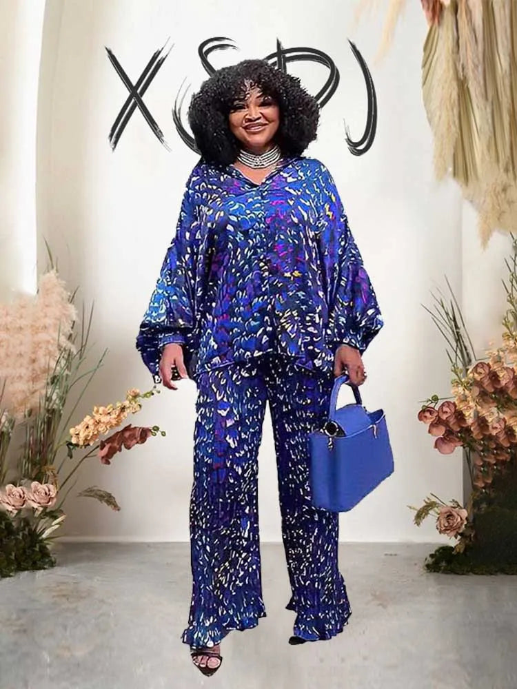 African 2 Piece Sets Women Outfit Loose Casual Long Top Shirt and Pant Set Autumn Plus Size Matching Sets Pleated Trouser Suit