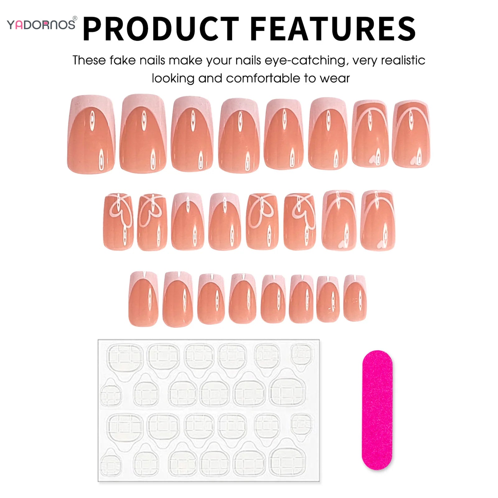 Minimalist Nude Color Fake Nails 24Pcs White French Press On Nail Love Heart Printed Women Valentine's Day/Dating Charm Manicure