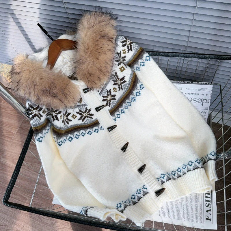 New Autumn Winter Fur Collar Hooded Sweater Coat For Women Loose Contrast Color Knitted Cardigan Female Trend 11A07546