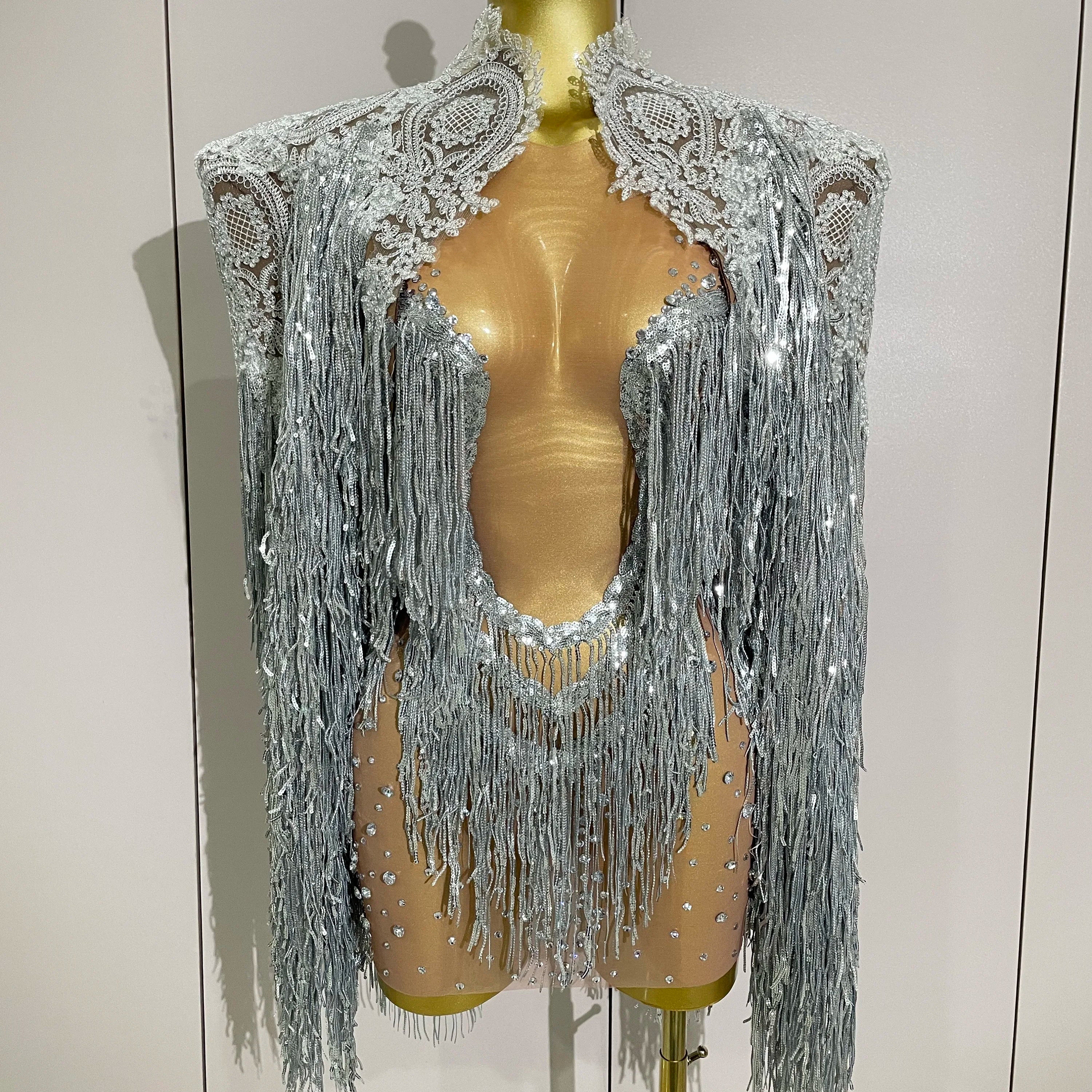 Luxury Sparkly Rhinestone Sequin Tassel Coat Skirt 2Pcs Women Birthday Party Nightclub Stage Performance Costume Silver