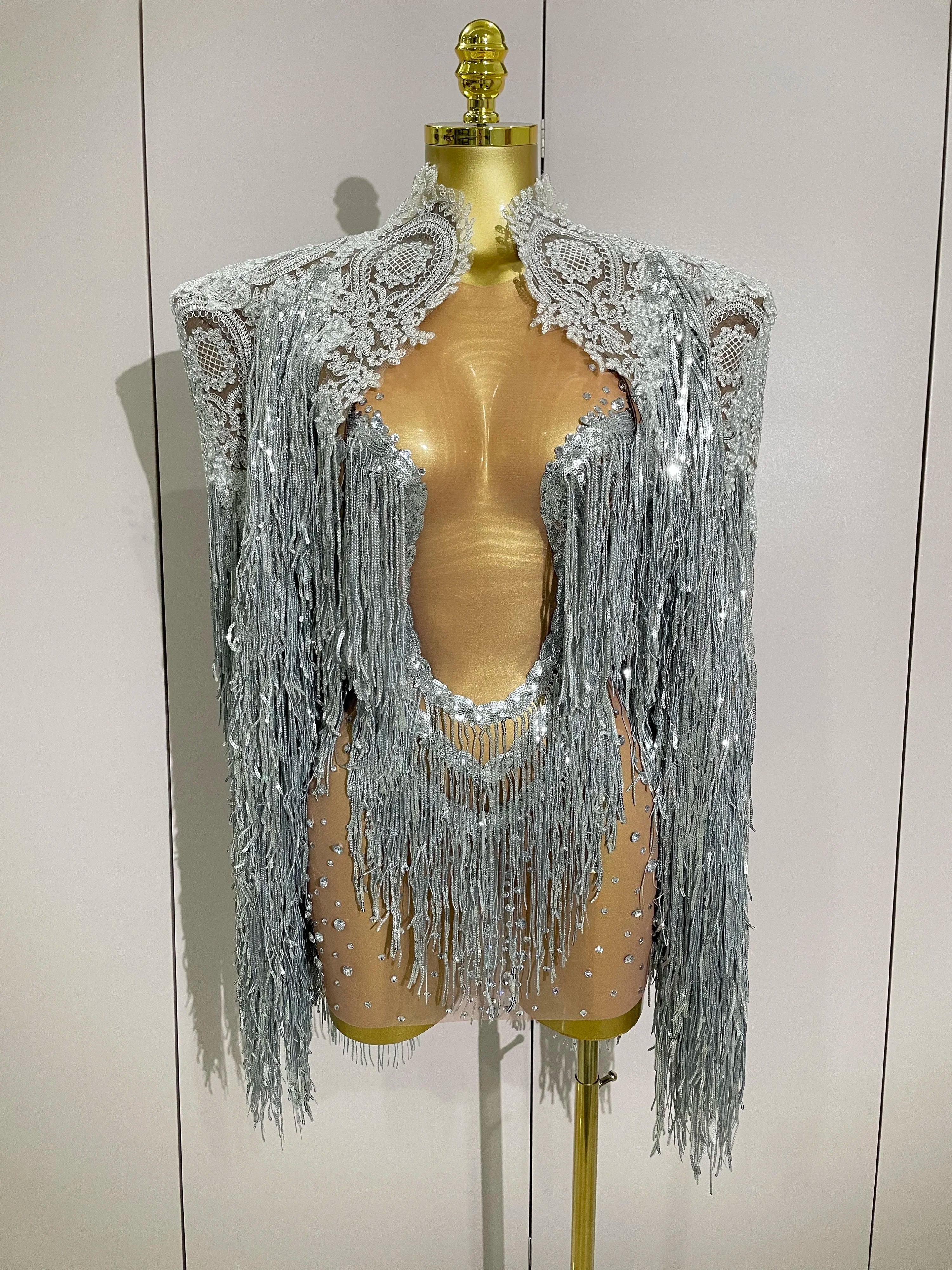 Luxury Sparkly Rhinestone Sequin Tassel Coat Skirt 2Pcs Women Birthday Party Nightclub Stage Performance Costume Silver