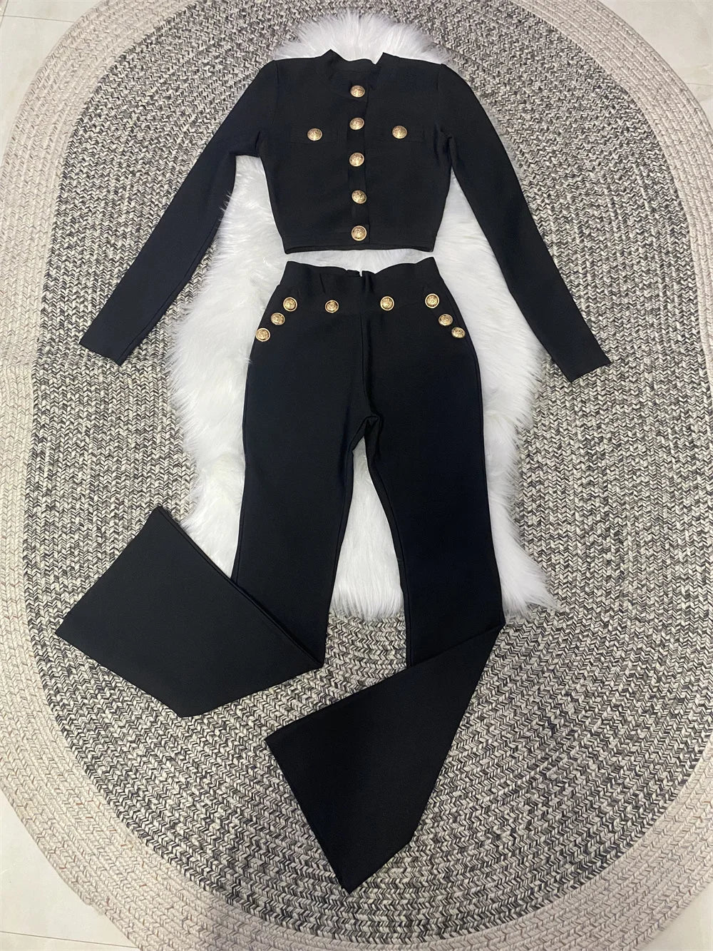 New Autumn Style Black Color Women Long Sleeve Button Rayon Bandage Coat Pants Fashion Women's Set High Street Celebrate Wear