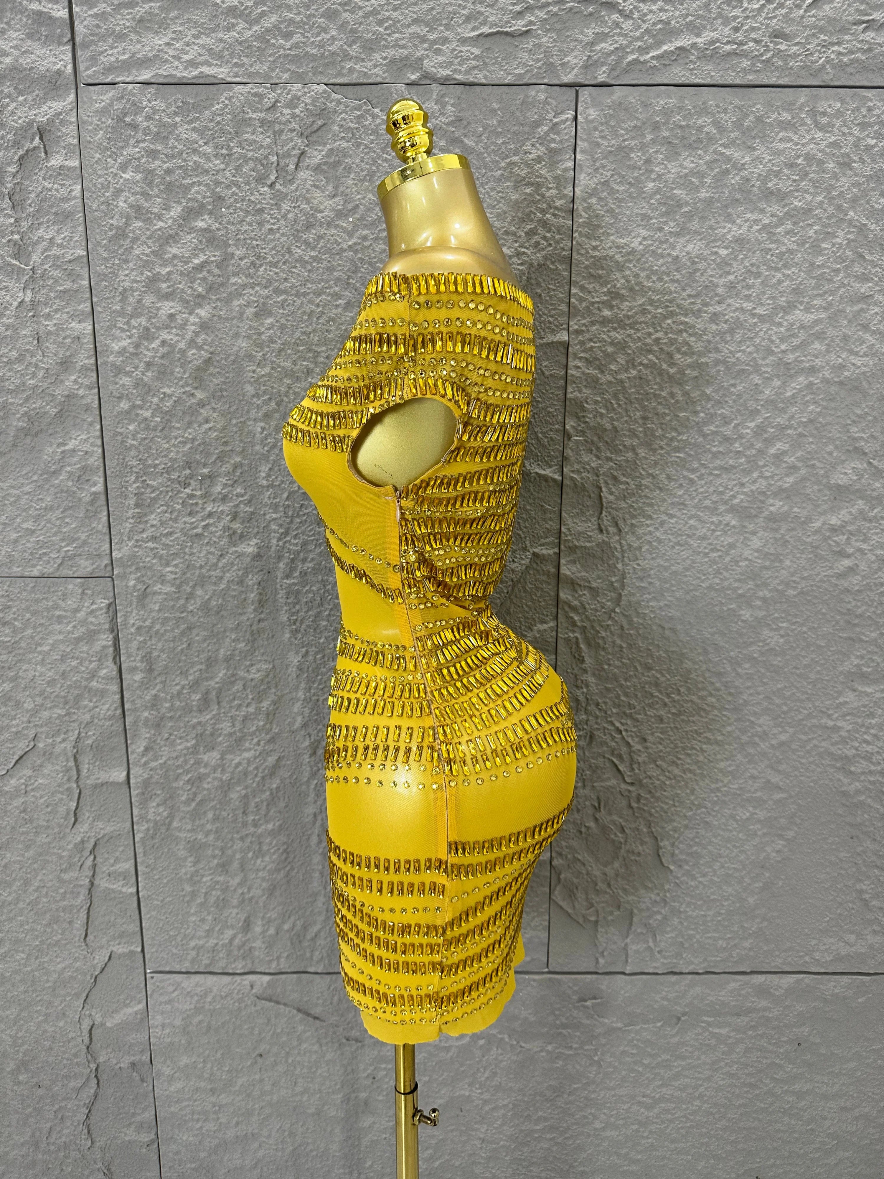 Luxury Gold Off-Shoulder Mini Dress Women Sexy Sheer Mesh Full Gold Crystal Embellished Form-Fitting Outfit Formal Event Party