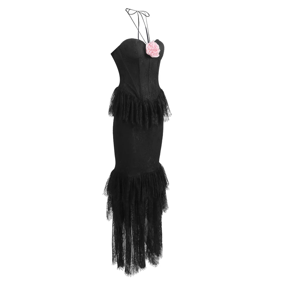 Women Celebrity Sexy Backless Halter Black Lace Flower Maxi Long Gowns Dress 2025 Elegant Evening Party Club Vestido