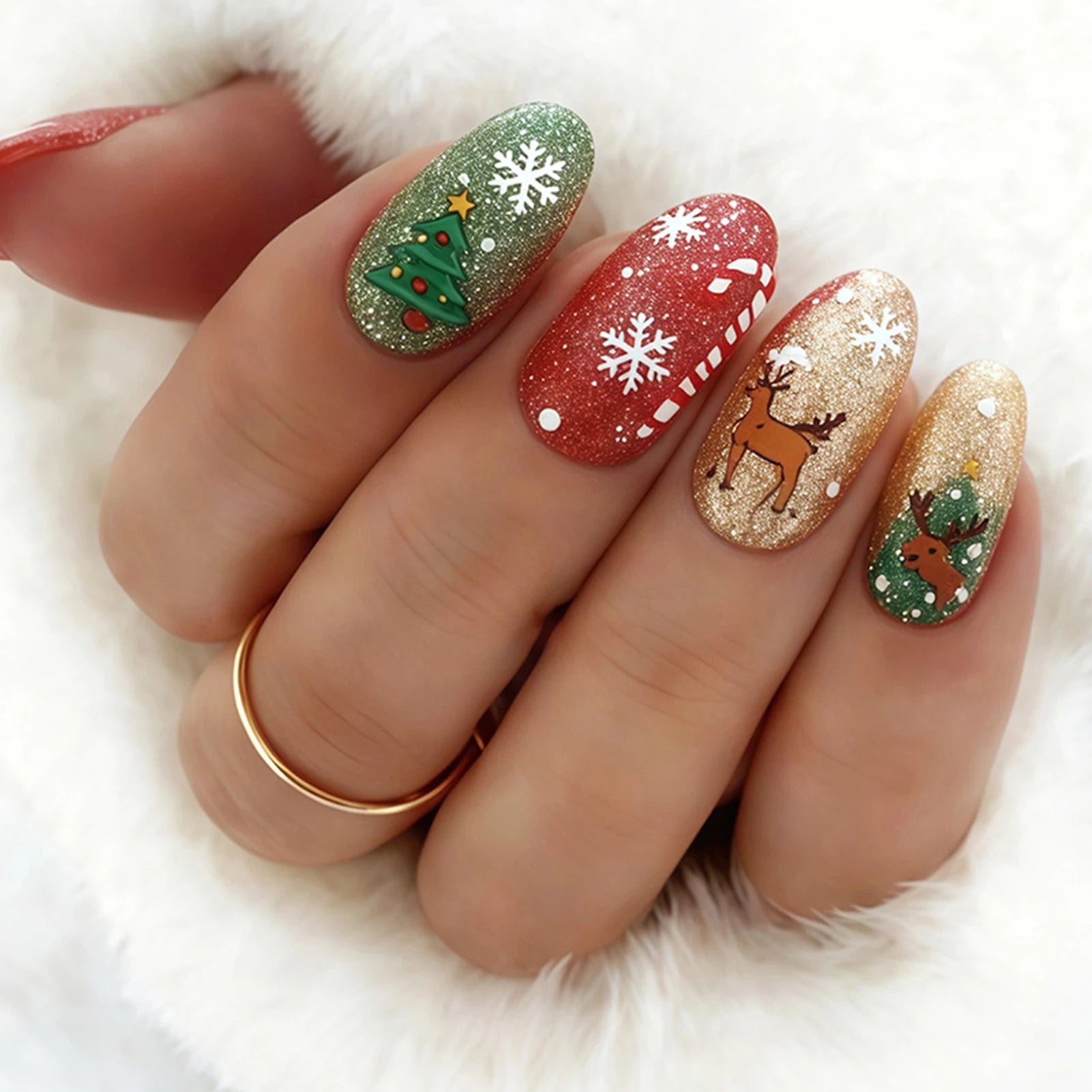 Christmas Party Almond Fake Nails 24Pcs Glossy Sequins Press On Nails Xmas Tree/Deer/Snowflake Printed Stick-on False Nails Art As show
