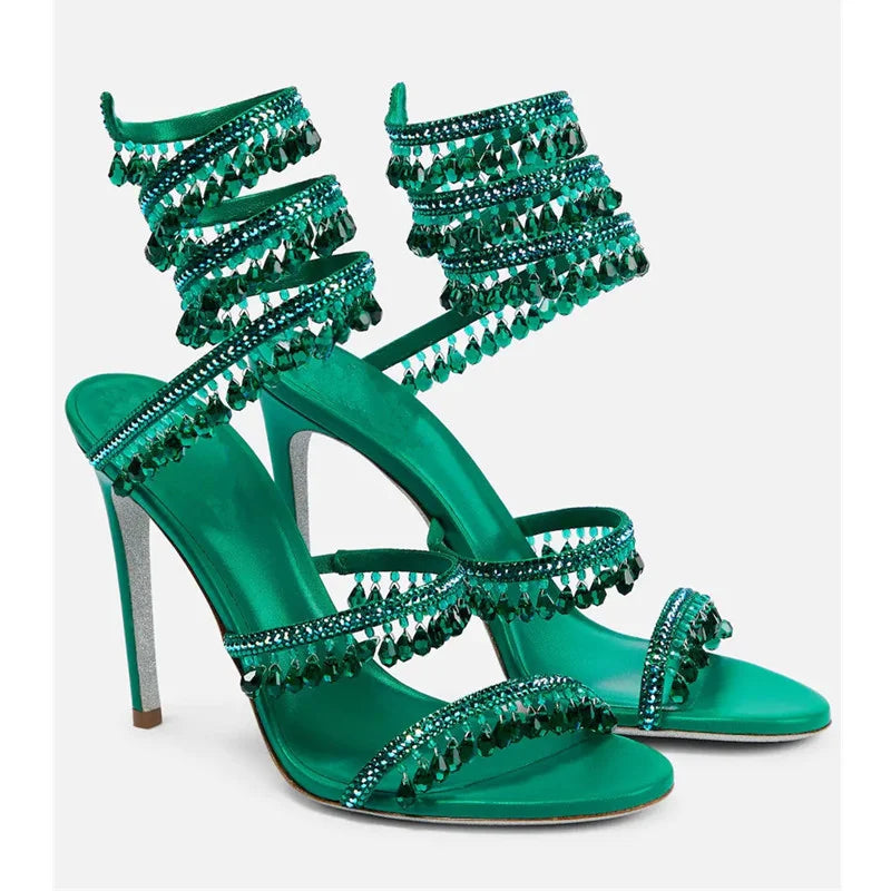 Crystal Wrap Sandals Women Summer 2024 Wedding Shoes High Heel Party Shoes Ankle Strappy Sandals Designer Stiletto Heel Shoes