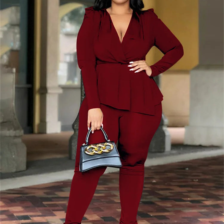 Wmstar Plus Size Two Piece Set Women Clothing Pants Sets Top Leggings Matching Office Lady Fall Clothes Wholesale Dropshipping deep red