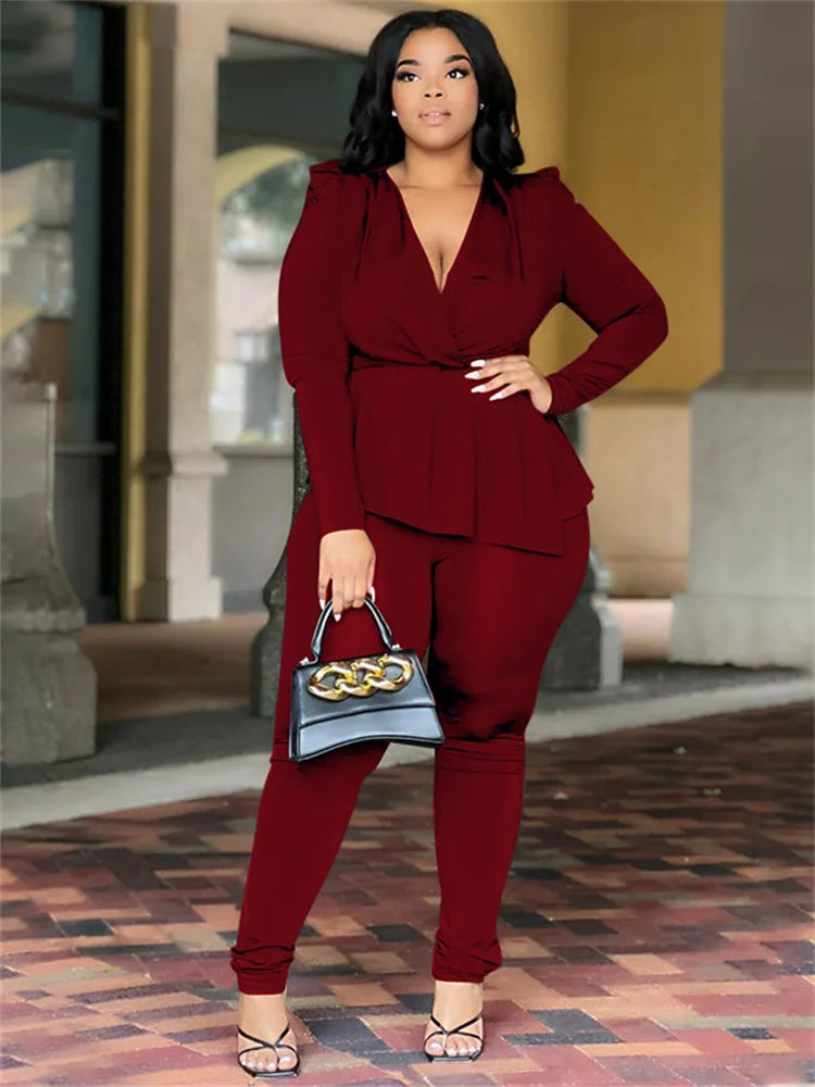 Wmstar Plus Size Two Piece Set Women Clothing Pants Sets Top Leggings Matching Office Lady Fall Clothes Wholesale Dropshipping deep red