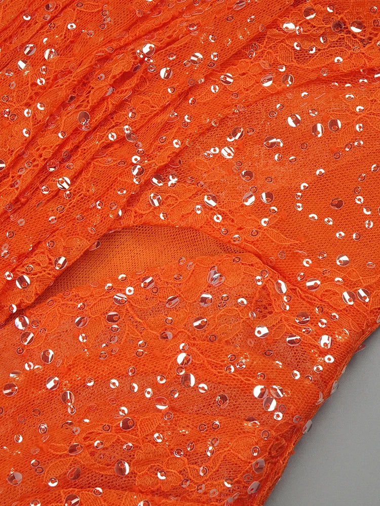 Orange Sequins Halter Long Dress For Women Backless Structured Flower Details Maxi Elegant Evening Party Gown Vestido