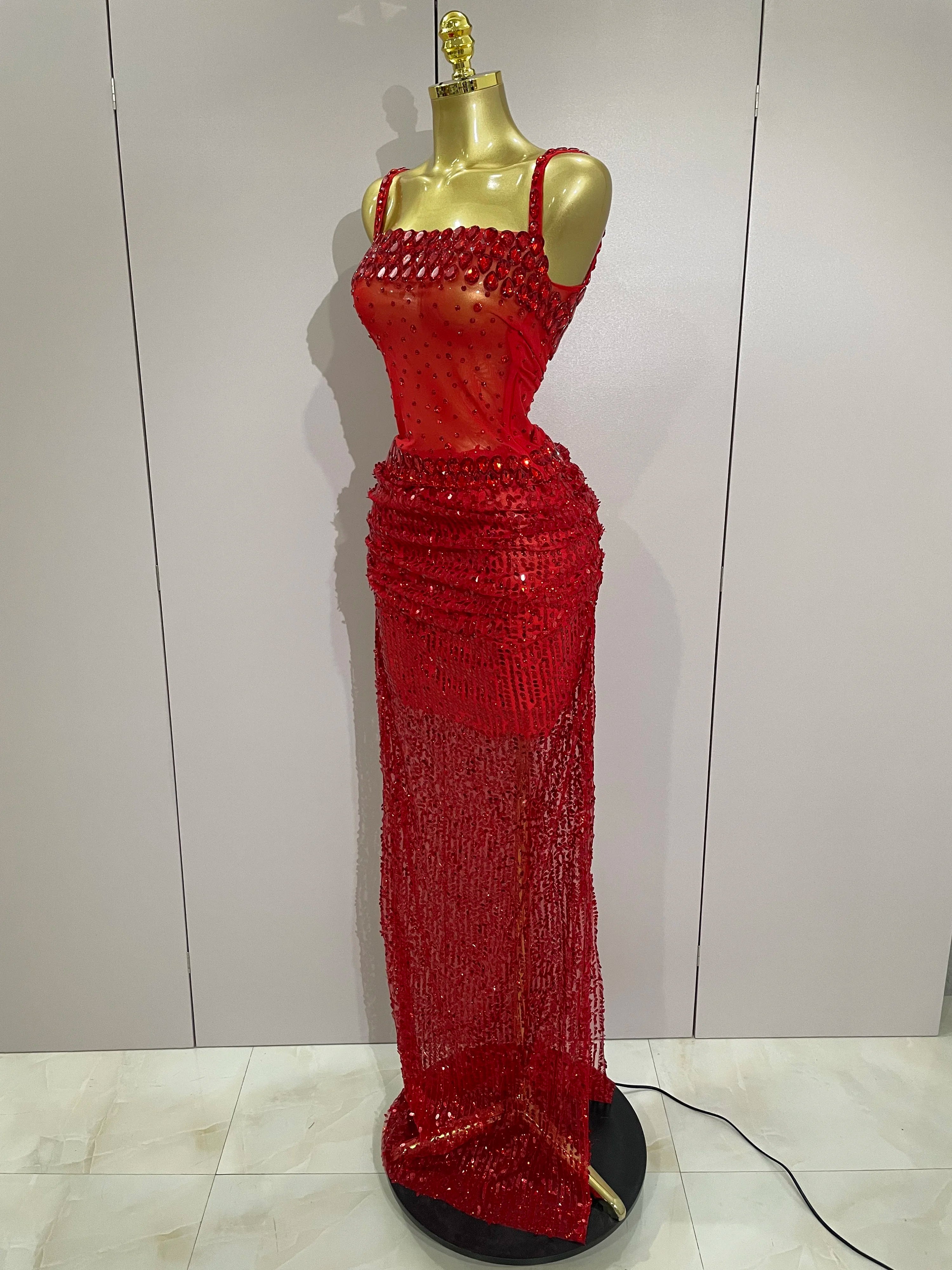 Sparkly Red Rhinestones Sequins Sexy See Through 2PCS Long Dress 2025Women Celebrate Evening Birthday Party Dress Stage Costumes