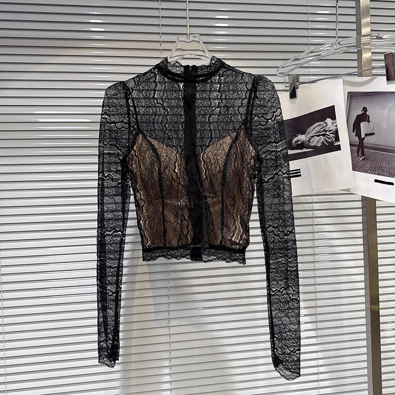 Winter New Fashion Slightly Transparent Lace Design Chest Pad Lined Lace Blouse For Women Versatile Shirts 11A07674 Black