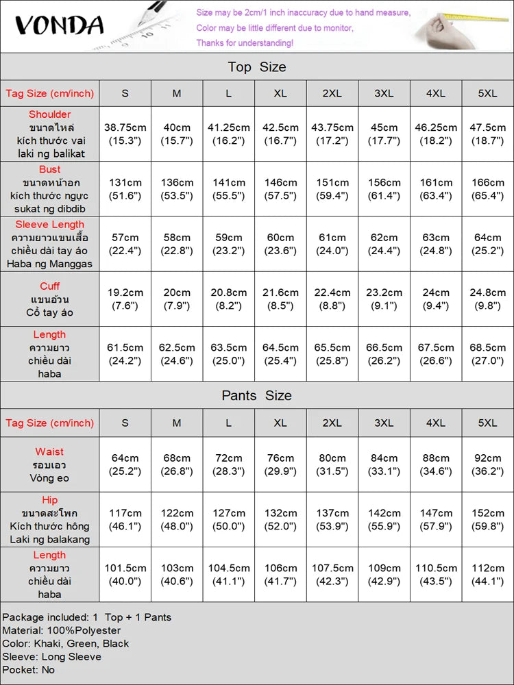 Plus Size VONDA Women Outfits Casual Slanted Collar Tops Elastic Waist Wide Leg Pant Sets 2024 Elegant Solid Pants Suits 2PCS