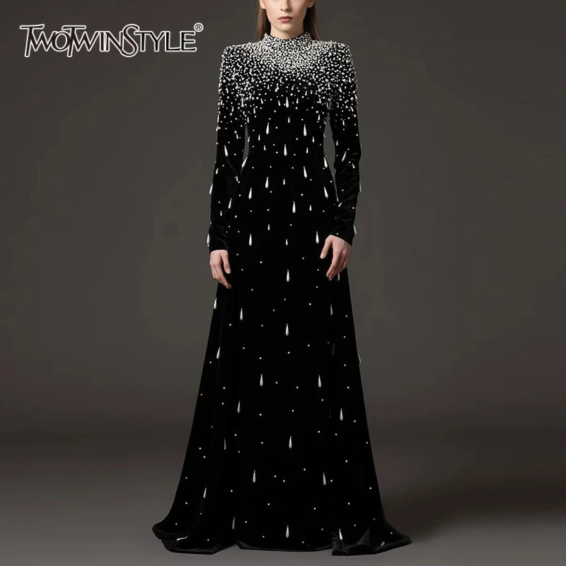 Slimming Luxurious Dresses for Women Round Neck Long Sleeves Patchwork Bead Temperament Dress Female Clothing New