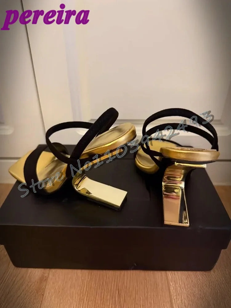 Metallic Golden Heels Strappy Fretwork Heel Square Toe Heeled Sandals Summer Solid Strange Style Shoes One Strap Shoe Size 41