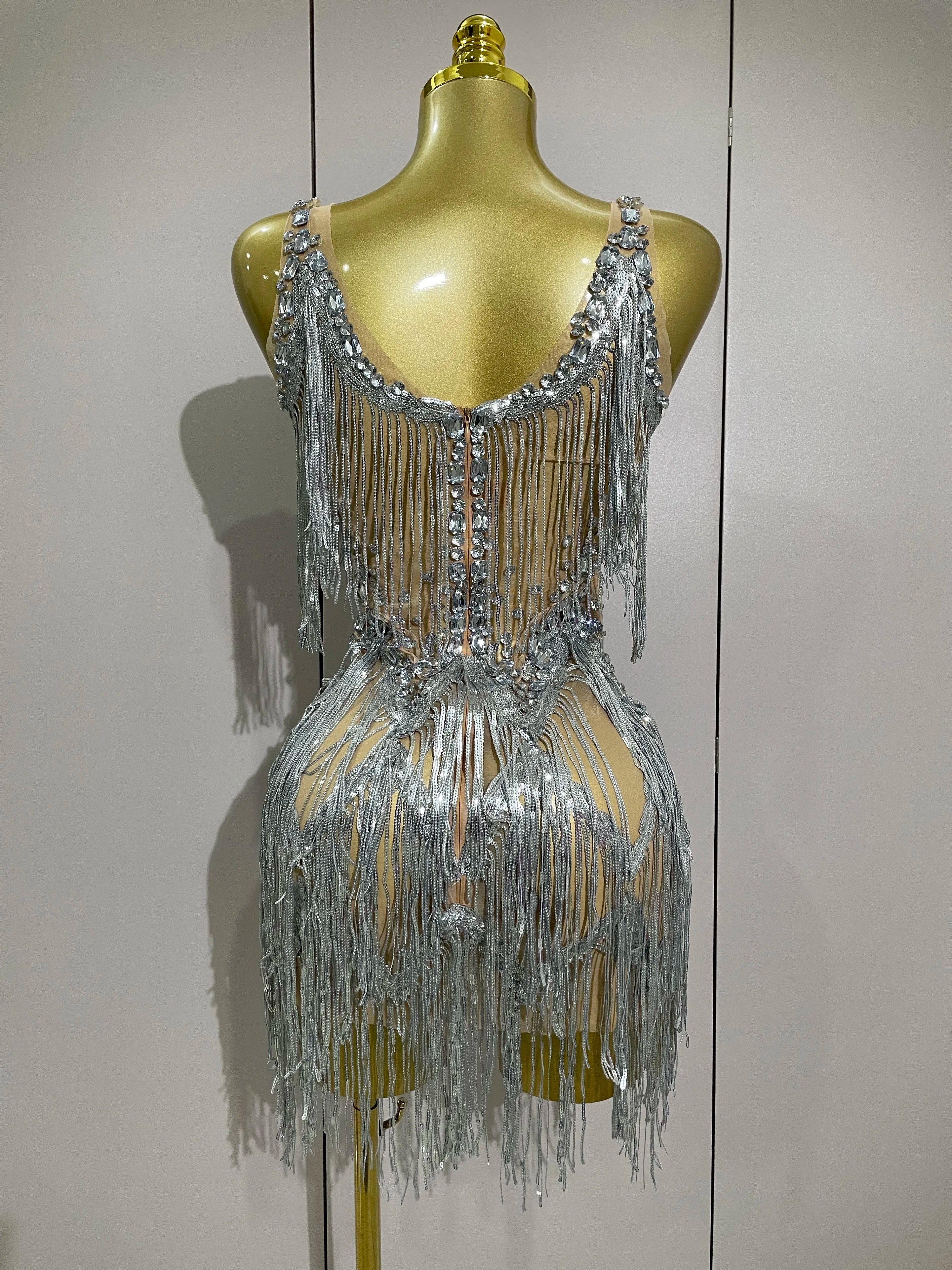 Sparkly Rhinestone Tassels Sexy Mesh Mini Dress 2025 Women Evening Birthday Party Dresses Nightclub Performance Stage Costume