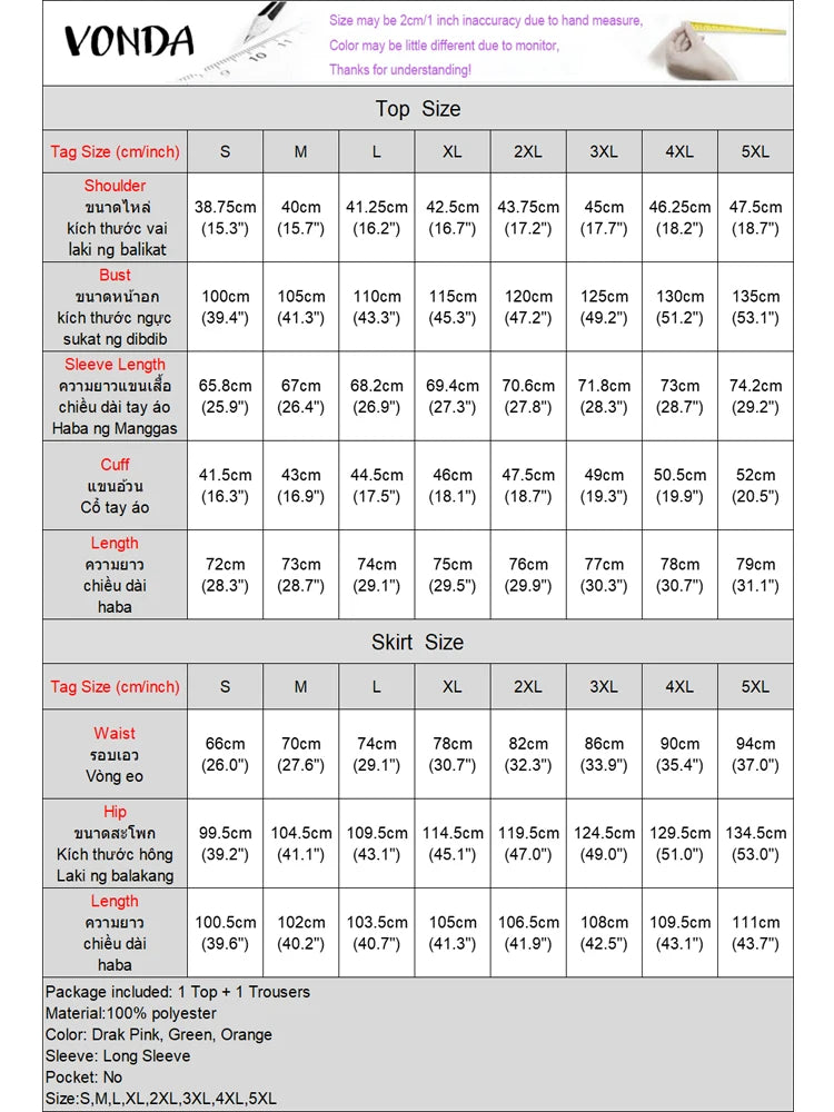 Plus Size VONDA Bohemian Style Printing Outfits Women Elegant Tops Sets O-neck Long Sleeve Casual Loose Two Piece Suits Holiday