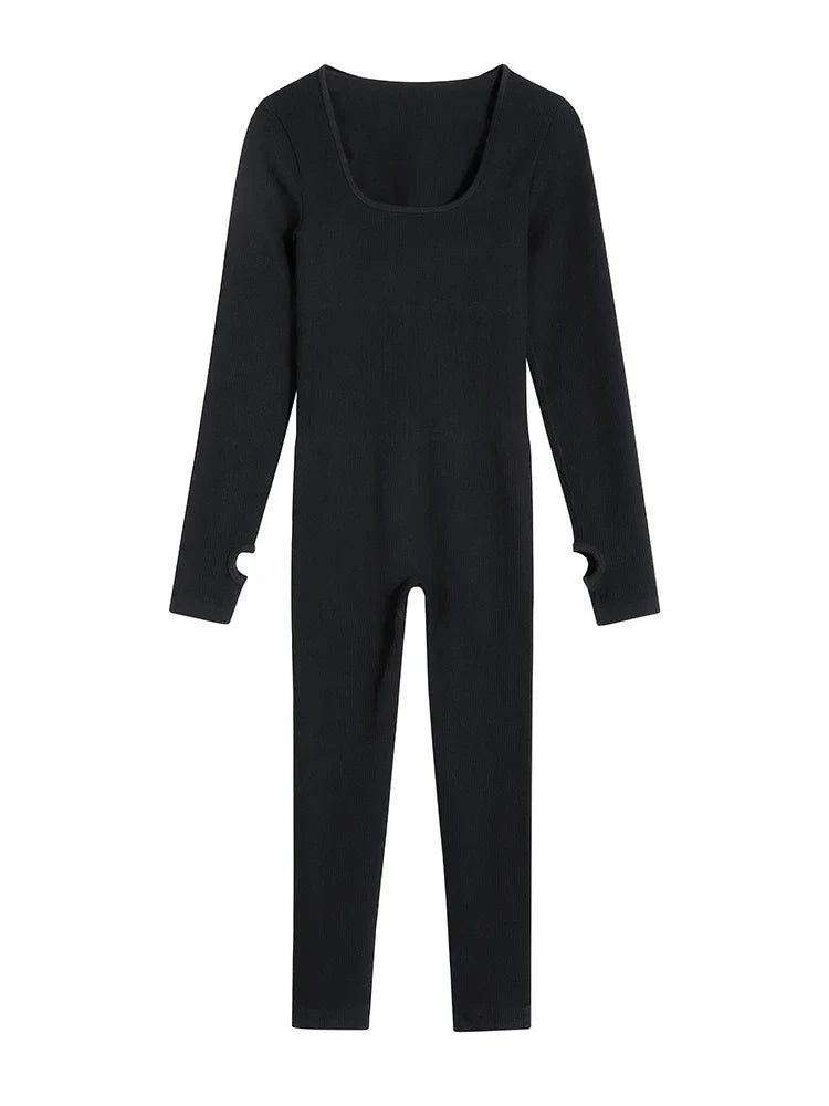 Women Yoga Jumpsuits One Piece Workout Ribbed Long Sleeve Rompers Square Neck Sport Exercise Bodysuits Gym Sportswear Black
