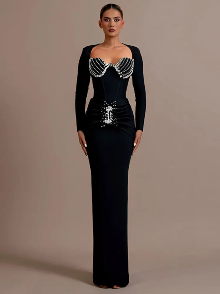 Women Celebrity Sexy Long Sleeve Beading Ruffles Black Maxi Long Bodycon Bandage Dress 2025 Elegant Evening Club Party Dress black