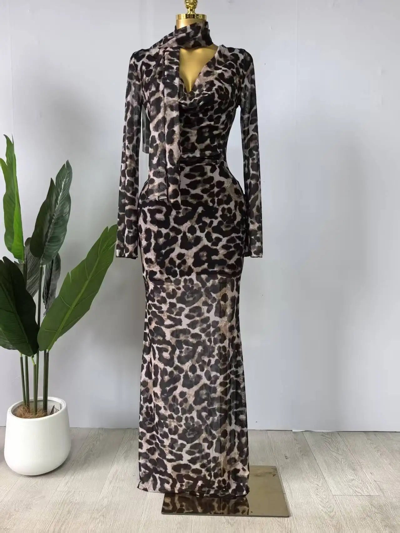 Women Full Sleeve Pile Collar leopard print Long Maxi Dress Holiday Beach Birthday Evening Sexy Party Dresses Vestidos