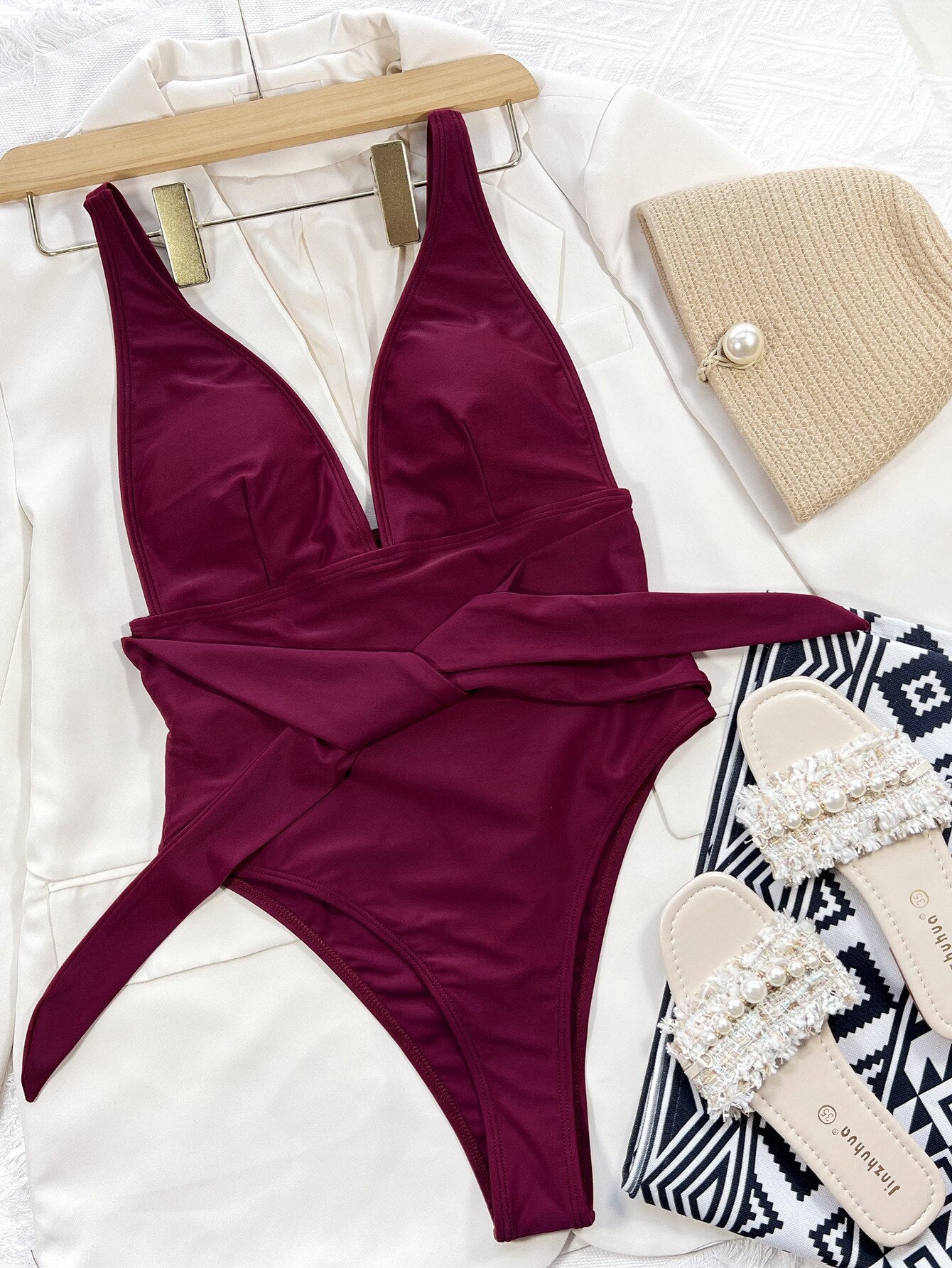 Sexy One Piece Swimsuit - Swimwear Burgundy V-neck Bowknot Hollow One-piece Bathing Suit Beachwear Trajes De Bano Mujer Burgundy