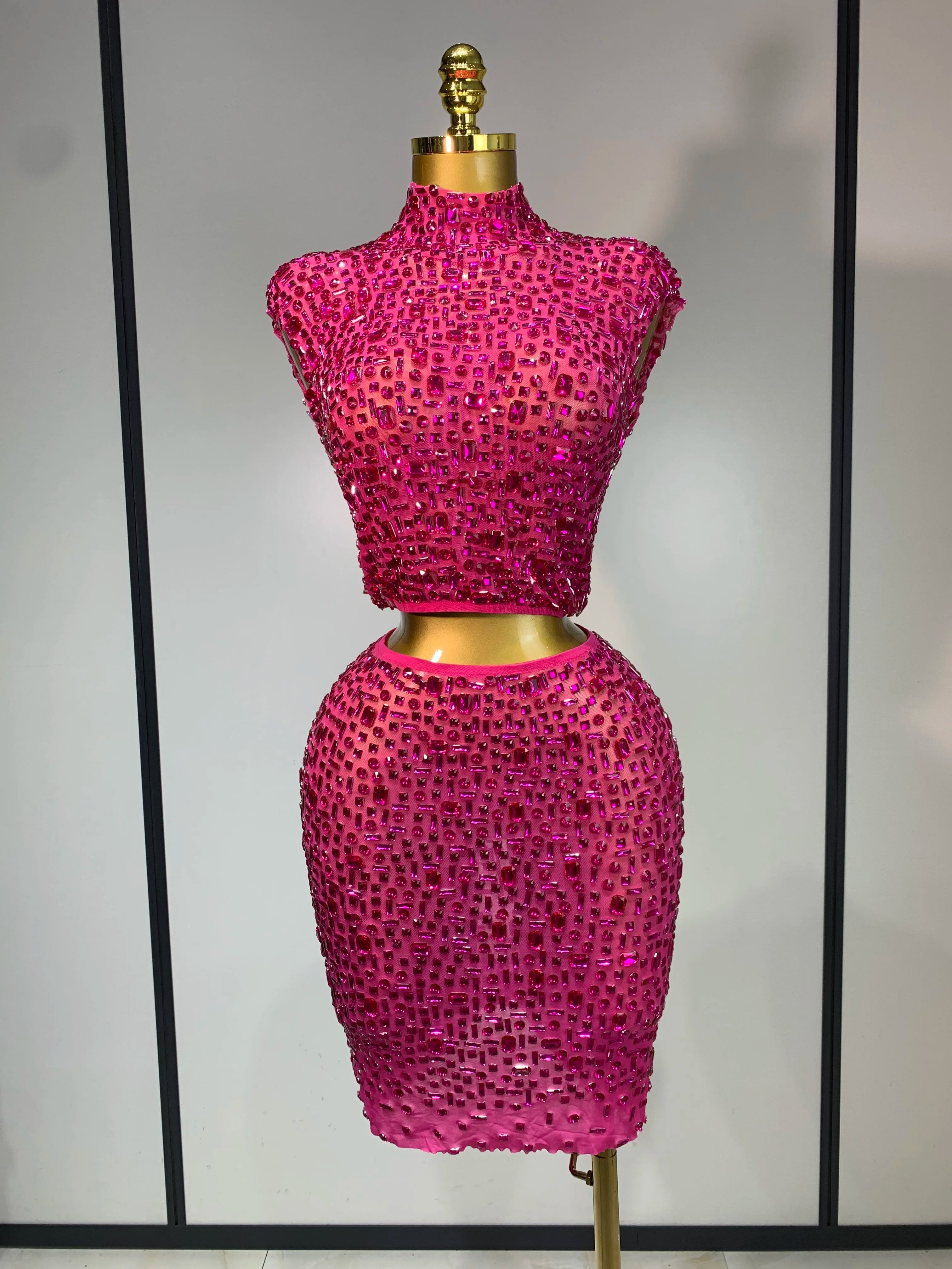 Sexy Sparkly Crystal Diamonds Mesh See Through Two Piece Set Women Elegant Evening Party Costume Singer Stage Performance Outfit Rose Red