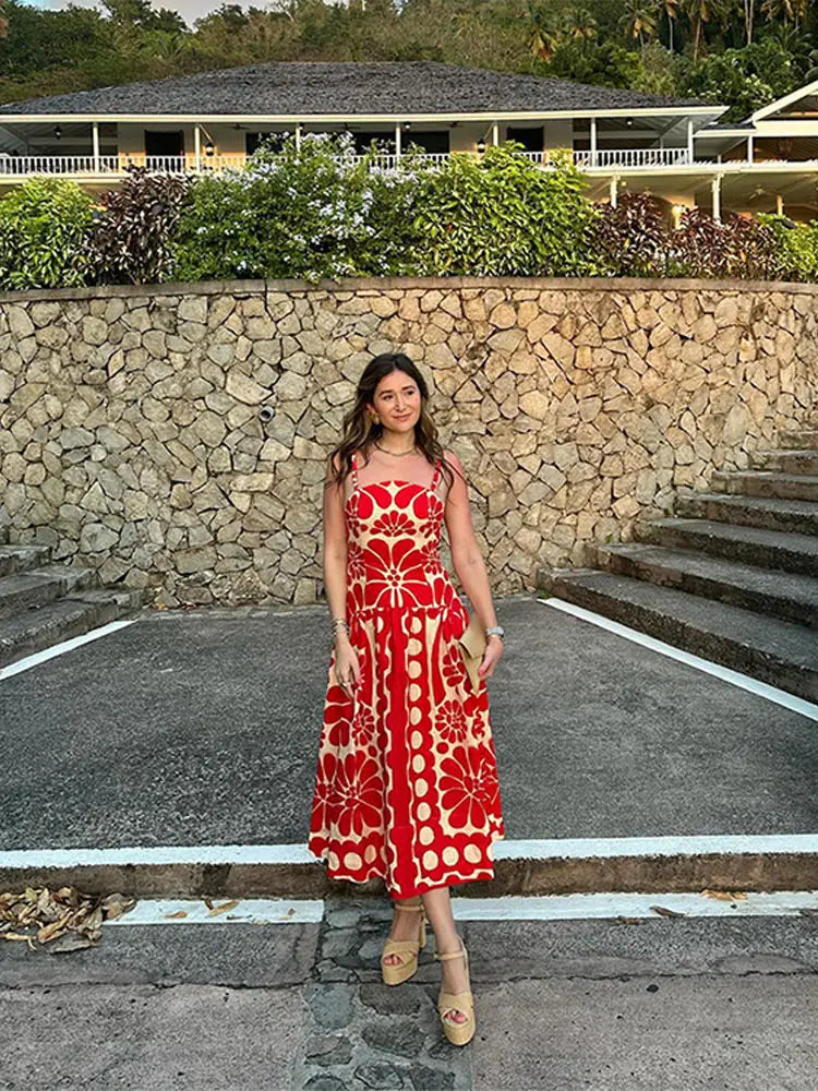 Fashion Red Print Spaghetti Strap Dress Women Sexy Backless Sleeveless Sling Robe Summer Female Casual Party Beach Vestidos