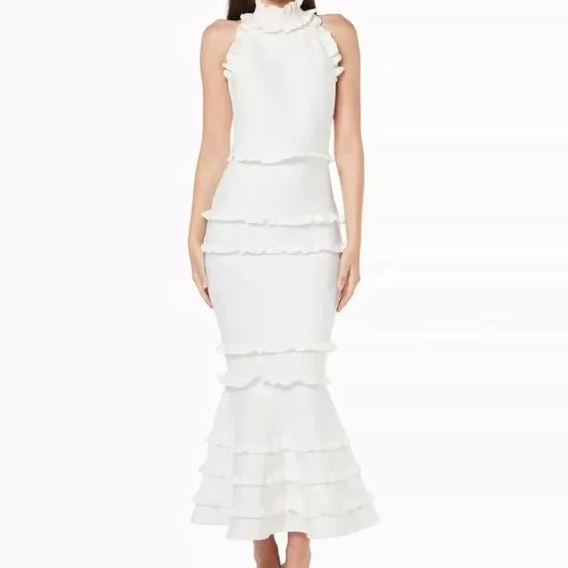 5 Colors Women Sexy Off the Shoulder Ruffles Bodycon Bandage Mermaid Dress Celebrate Evening Party Birthday Outfit Wear WHITE