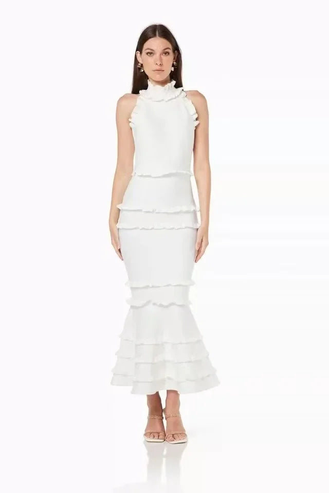 5 Colors Women Sexy Off the Shoulder Ruffles Bodycon Bandage Mermaid Dress Celebrate Evening Party Birthday Outfit Wear WHITE