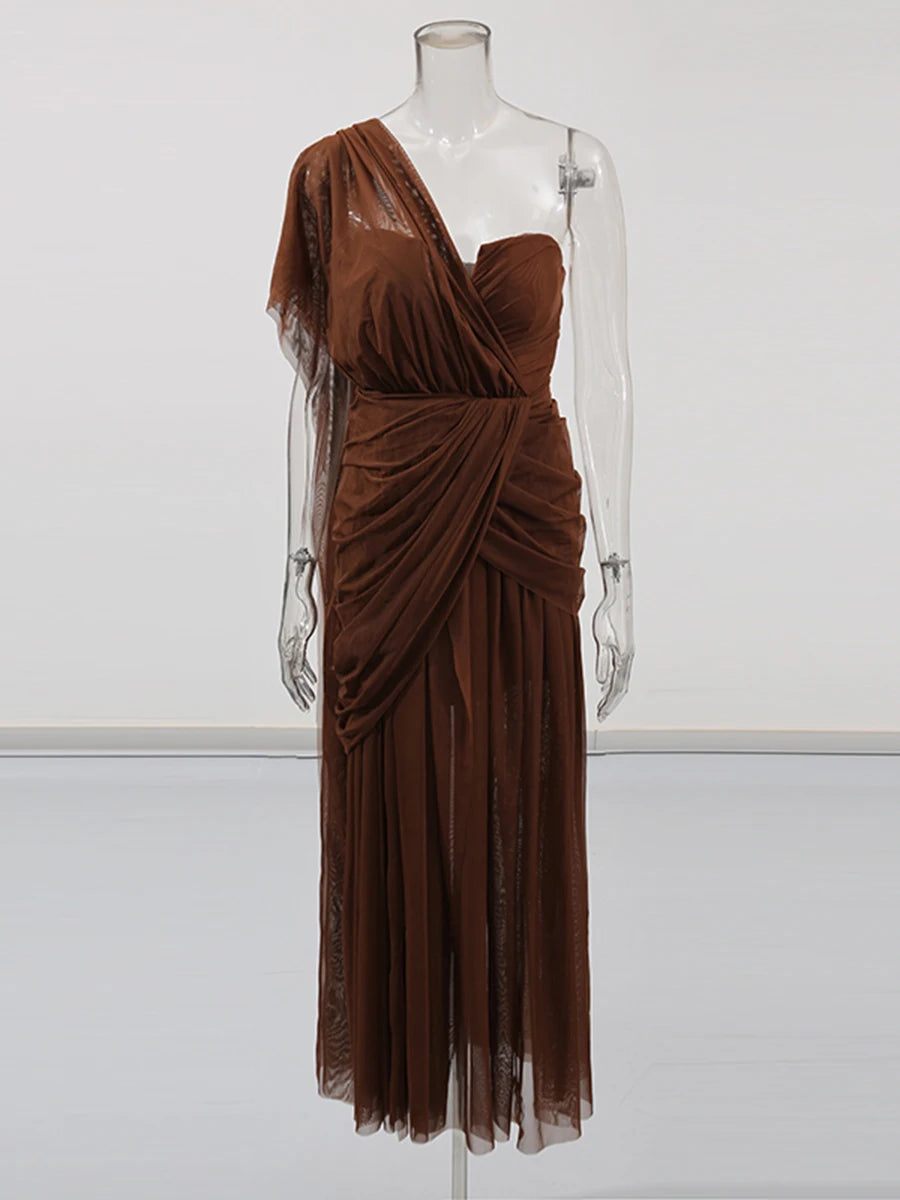 Solid Slimming Sheer Dresses for Women Diagonal Collar Sleeveless Patchwork Folds Irregular Dress Female Clothing COFFEE