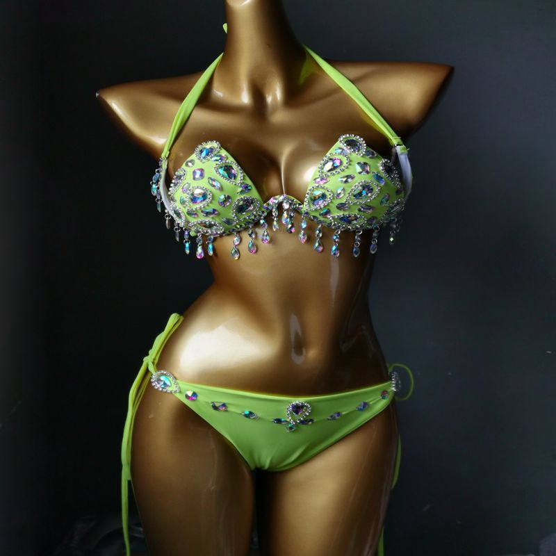 Sexy Women's Gathered Swimsuit Push Up Rhinestone Triangle Bikini Luxury Crystal Diamond Girls Swimwear fluorescein