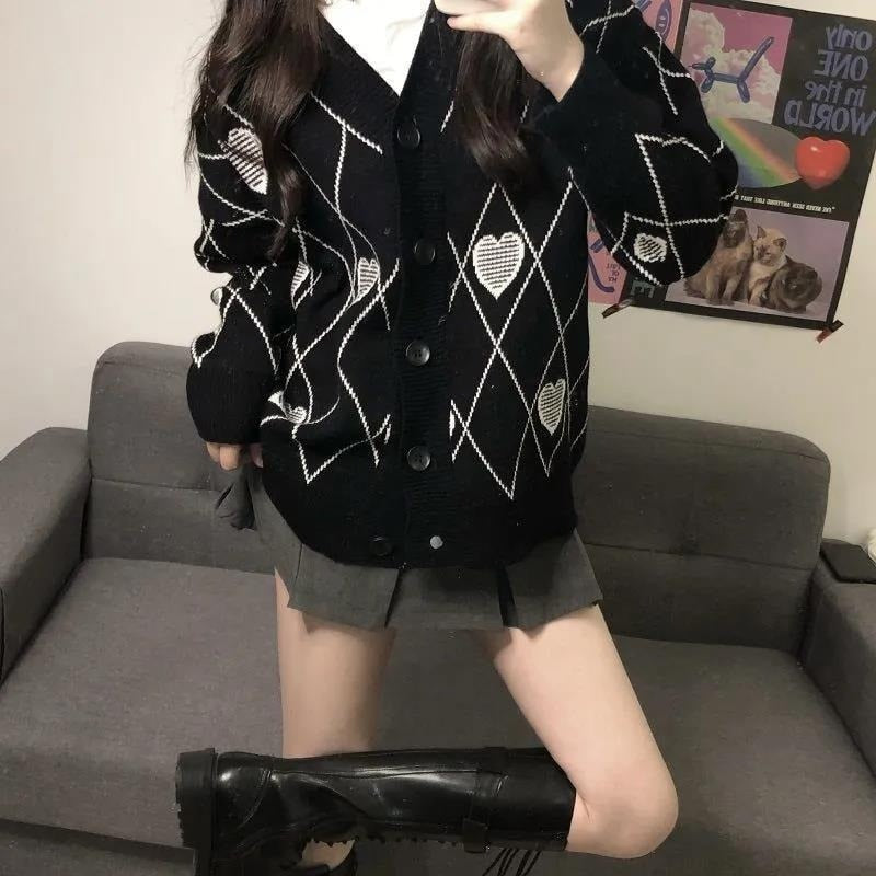 Cardigan tricoté à manches longues pour femmes, motif cœur Argyle, pull Jacquard, manteau de Style amour, hauts Vintage coréens, automne hiver