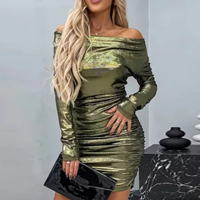 Women's Long Sleeve Bronzing Bodycon Dress Sexy Slash Neck Solid Color Pleated Party Dress Fashion Club Slim Mini Dress Vestidos