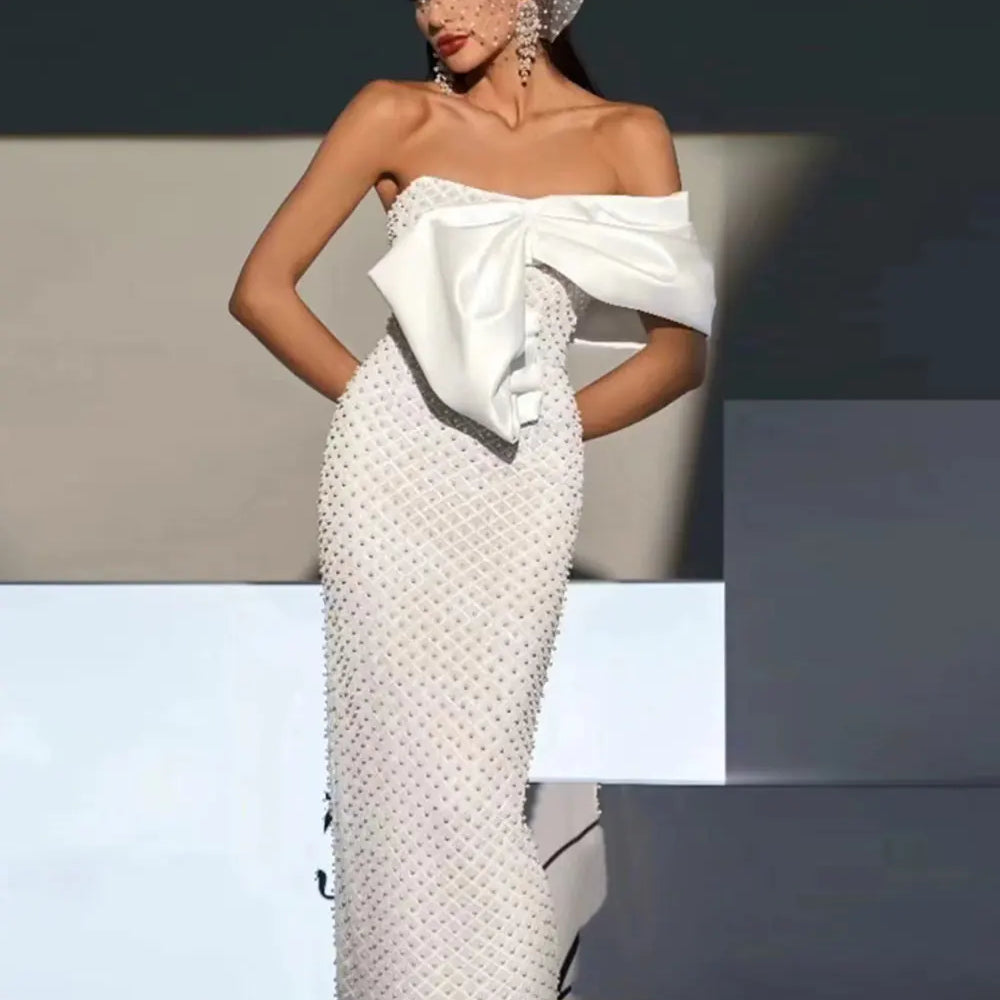 2024 Sexy Women's Heavy Industry Nail Bead Dress Shoulder Collar Bodycon Backless Midi Dress Cocktail Evening Party Vestidos