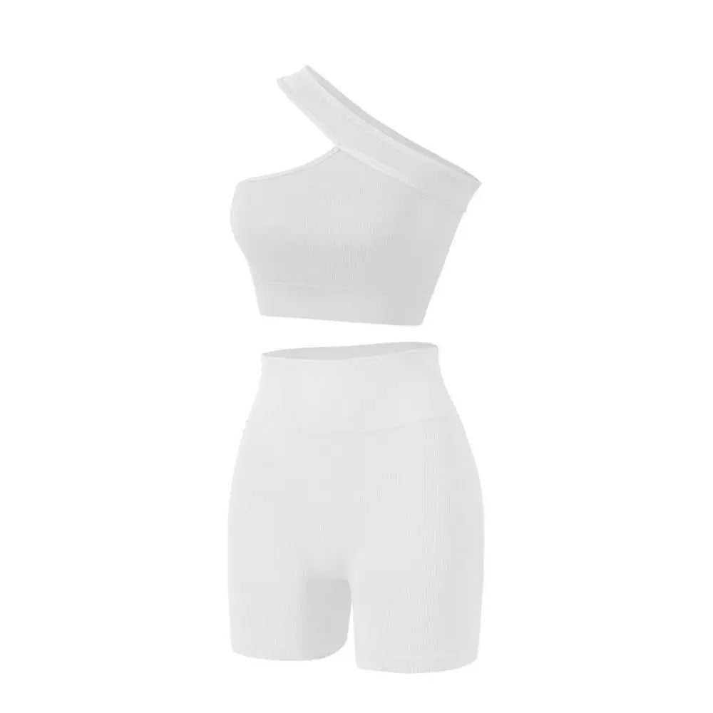 2Pcs Seamless Women Workout Sets Casual High Waist One Shoulder Yoga Outfits Tank Tops Ribbed Sports Bra Gym White