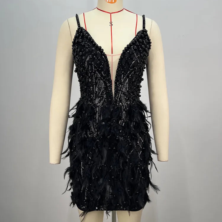 Sexy Sleeveless Backless Feather Black Pearl Sequins Mini Women Celebrity Dress 2024 Elegant Party Evening Club Vestido