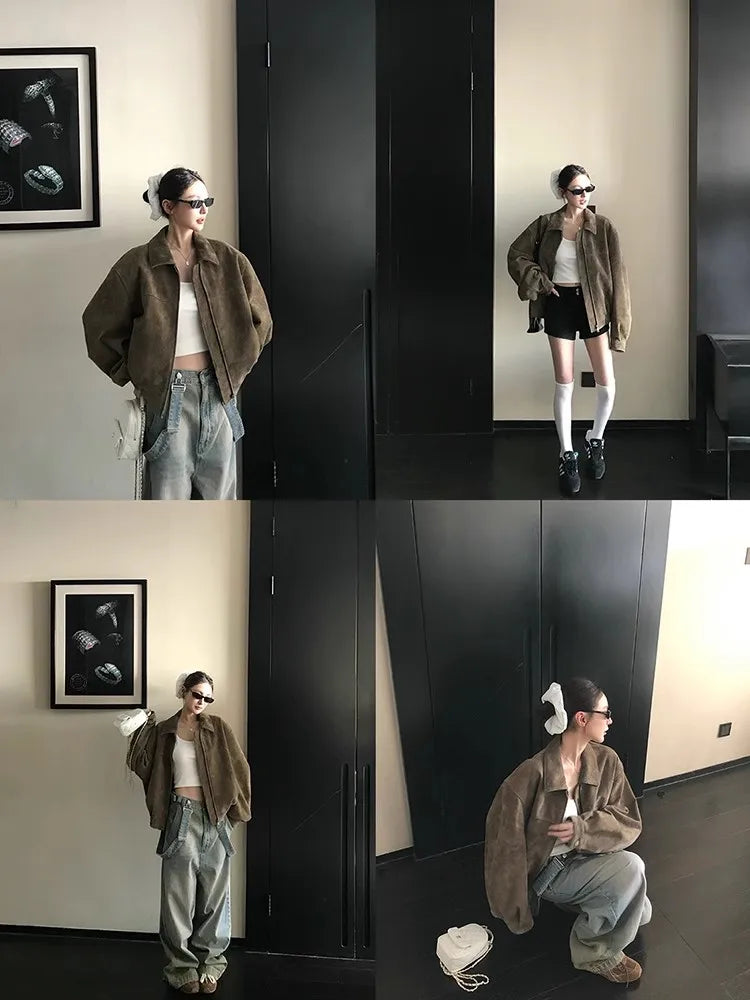 Lautaro Spring Autumn Cool Oversized Faux Suede Leather Jacket Women Turn-down Collar Luxury Designer American Retro Clothing