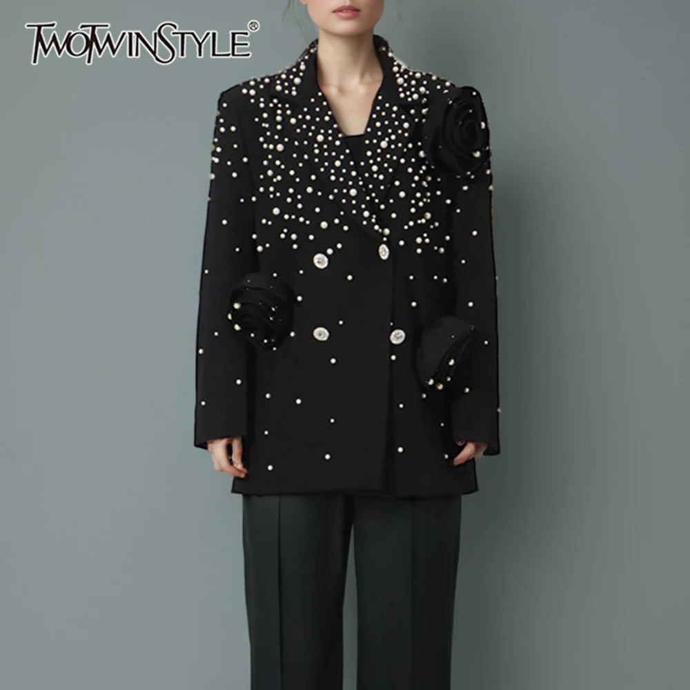 Solid Loose Spliced Appliques Elegant Jackets for Women Lapel Long Sleeves Patchwork Bead Luxurious Jacket Female