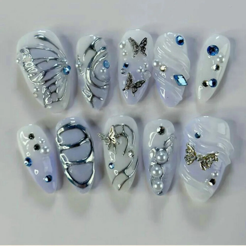 24Pcs Mid-length Almond False Nails Press on 3D Butterfly Pearl Bow Design Fake Nails Rhinestone Wearable Full Cover Nails Tips FZ120-B7