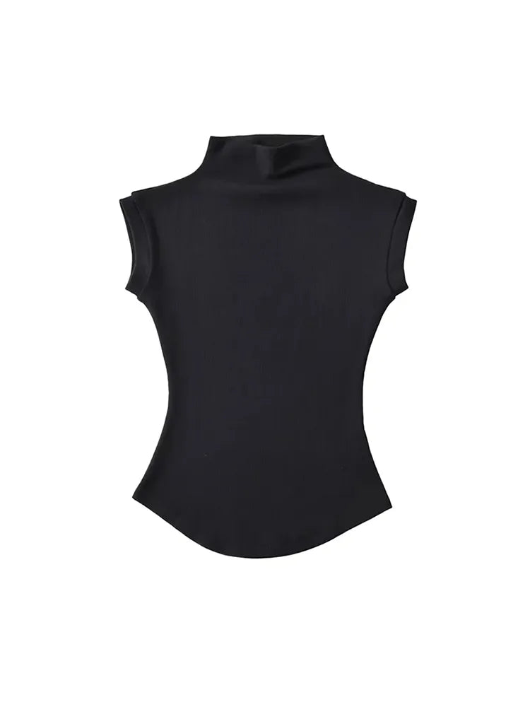 Women Summer Sexy Turtleneck Sleeveless T-Shirts Tops Solid Slim Fit Pullovers Causal Tees Shirts Female Streetwear Basics Tees black