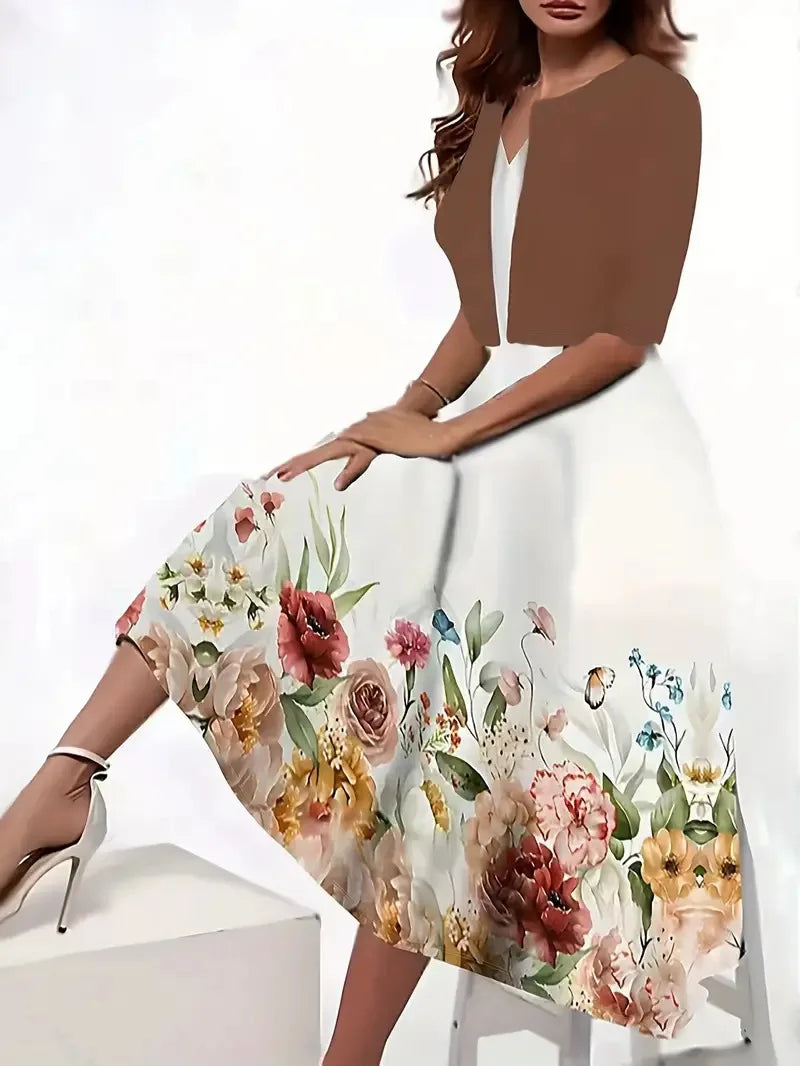 New for summer 2024! Eu-us Fall Women's 2 long Dress Set - floral and grass print crew neck dress with chiffon short coat Khaki